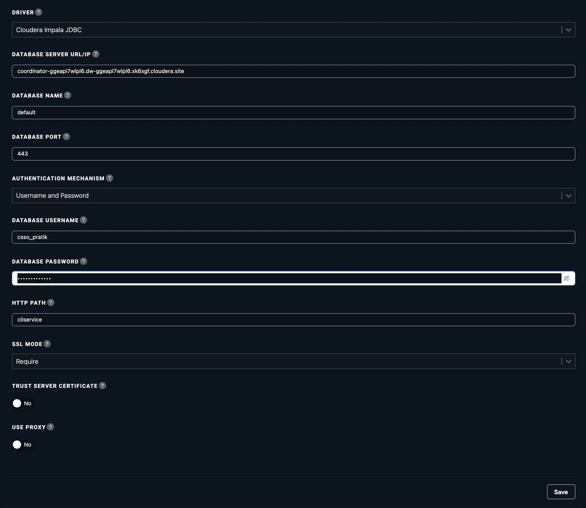 Abacus Impala JDBC Setup Form