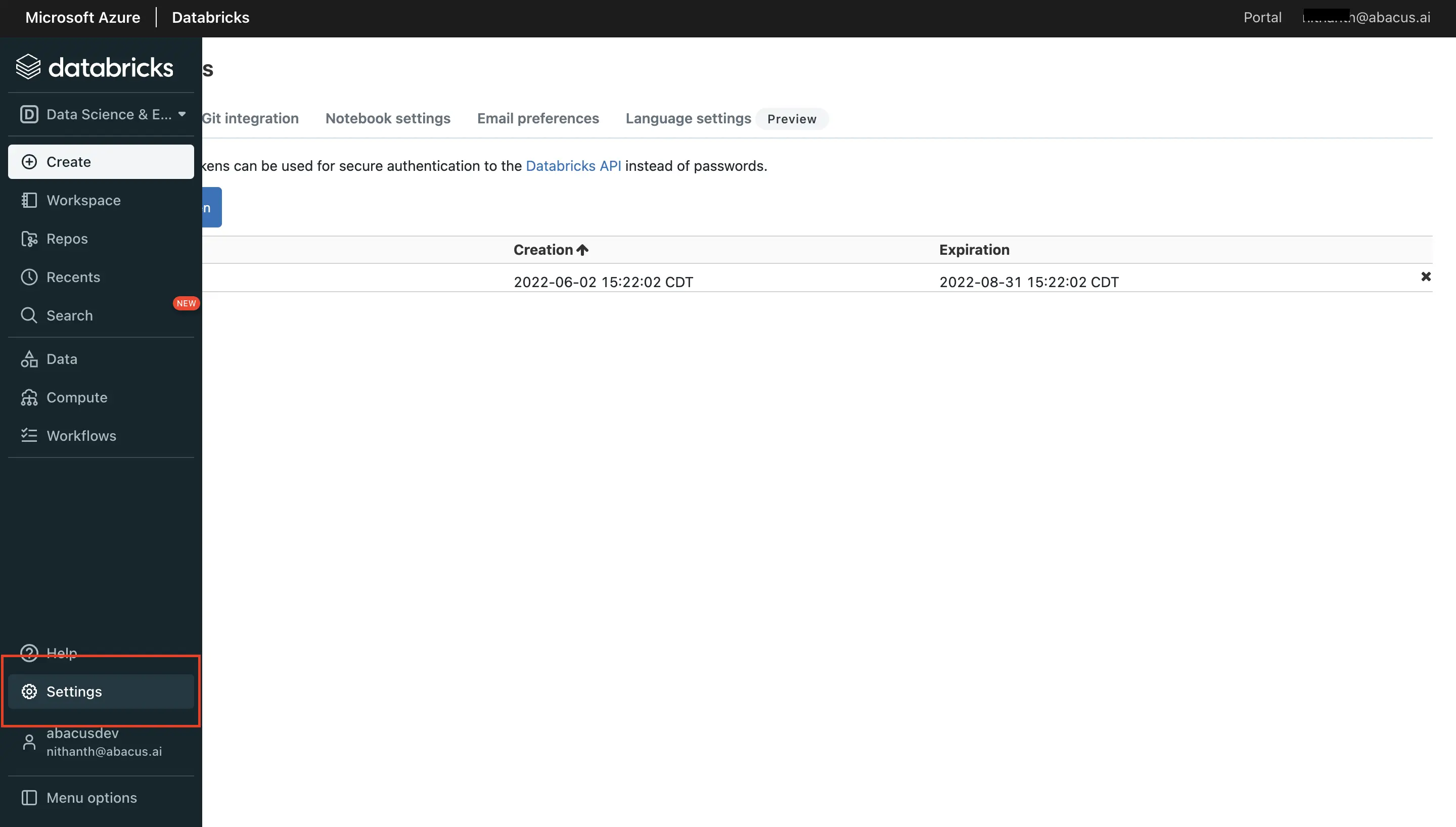 Databricks User Settings for Personal Access Token