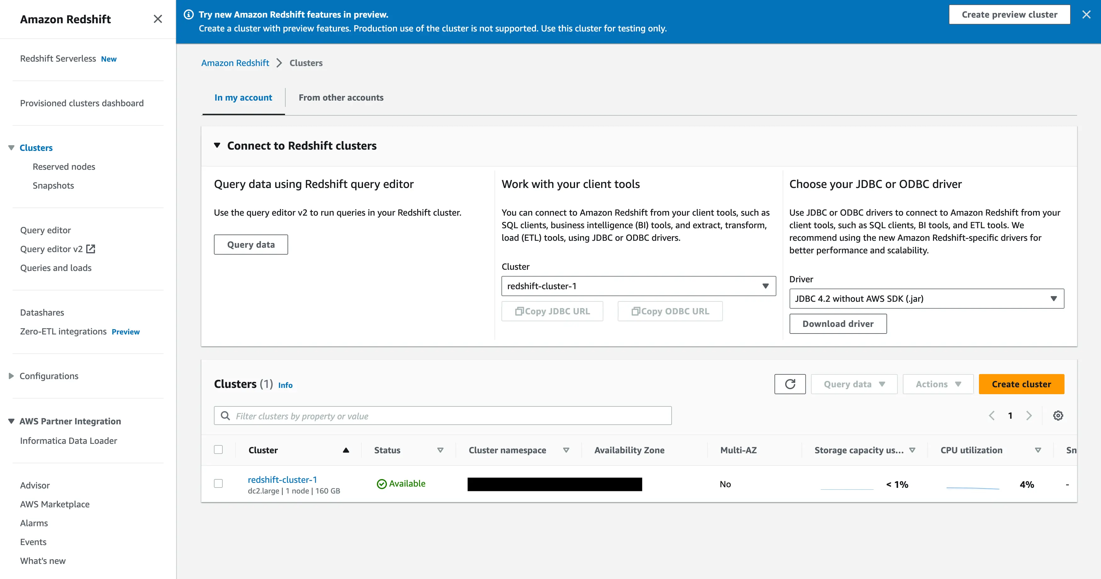 AWS Redshift Clusters Tab