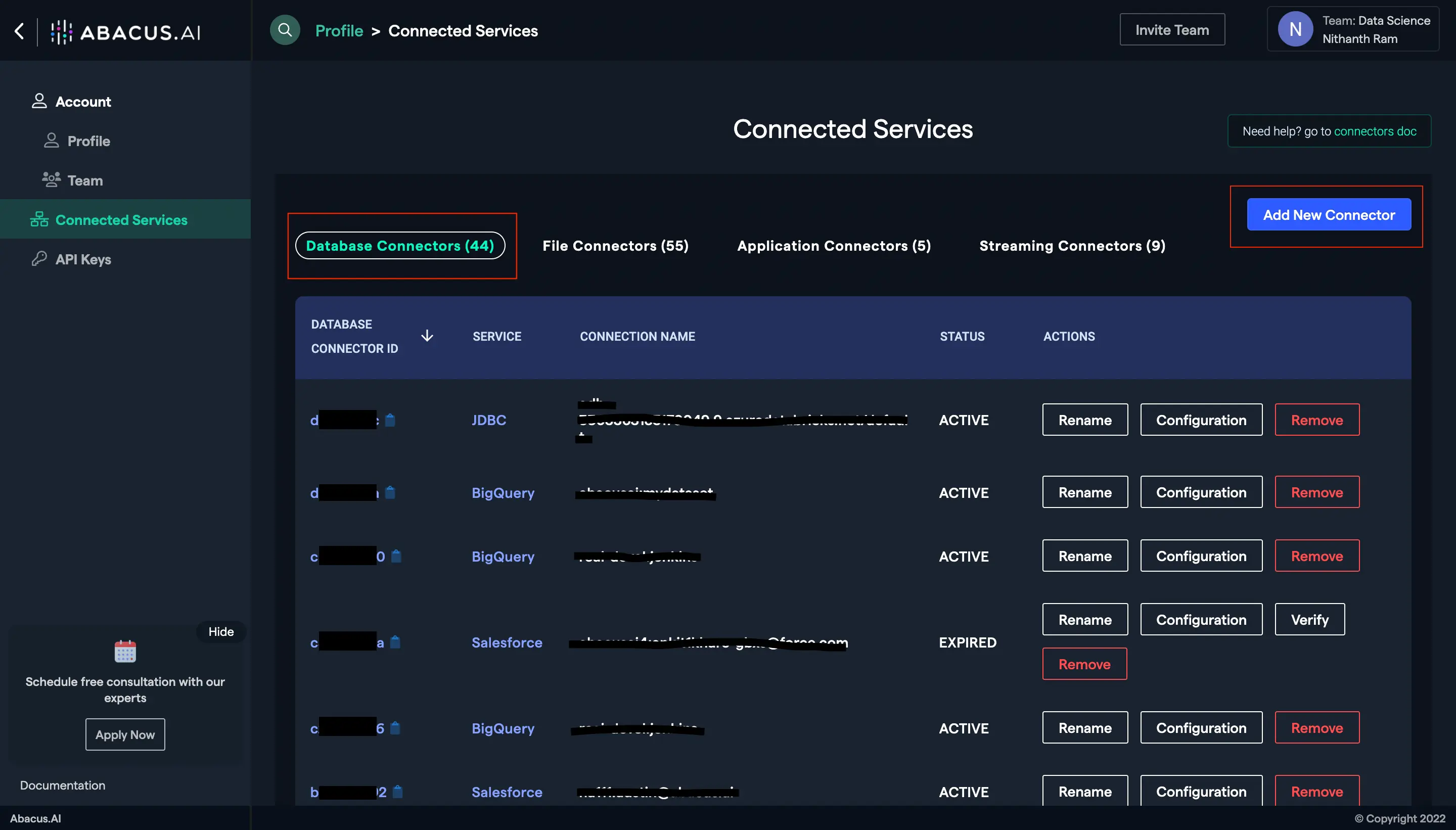 Abacus.AI Add New Connector Button