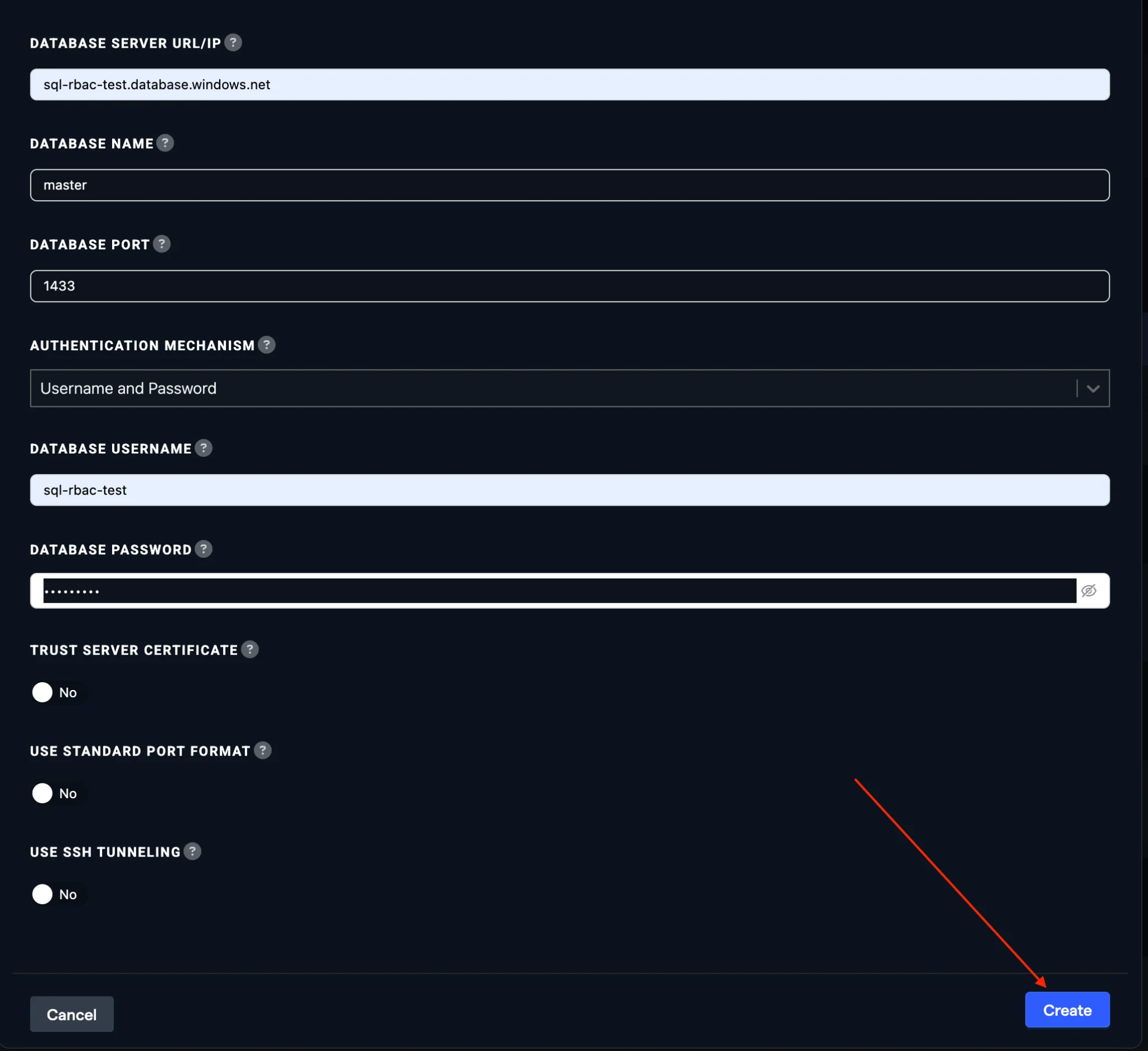 Connection details form