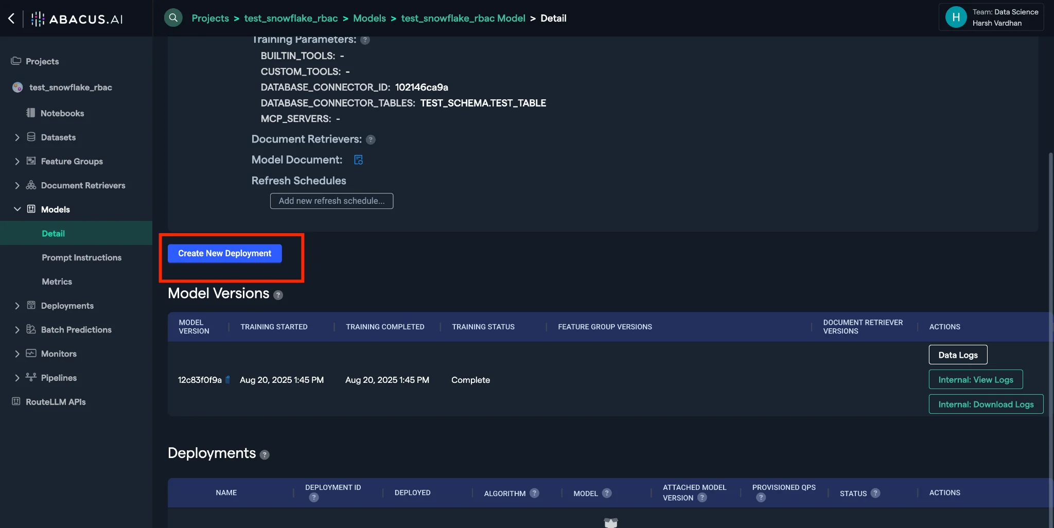 Deployment creation interface