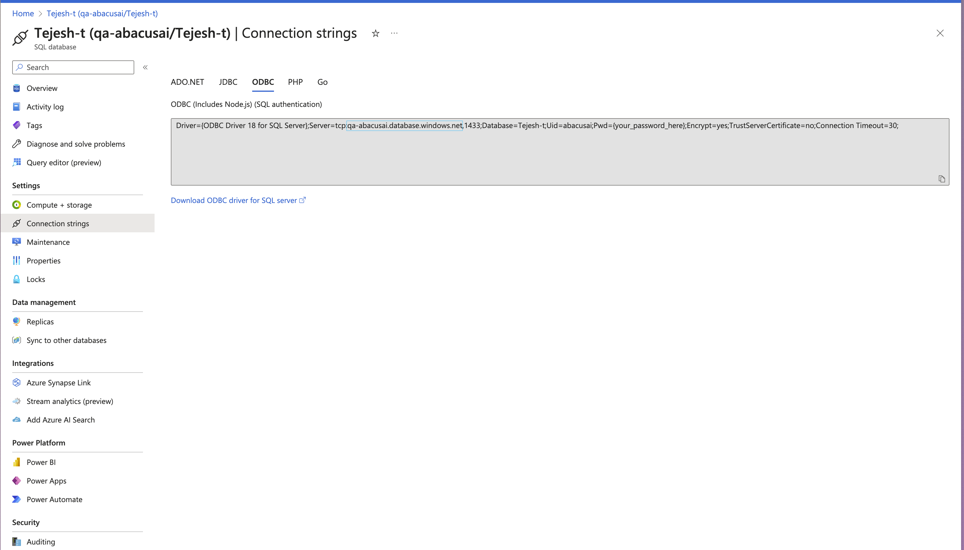 Microsoft Azure SQL Connection Strings ODBC