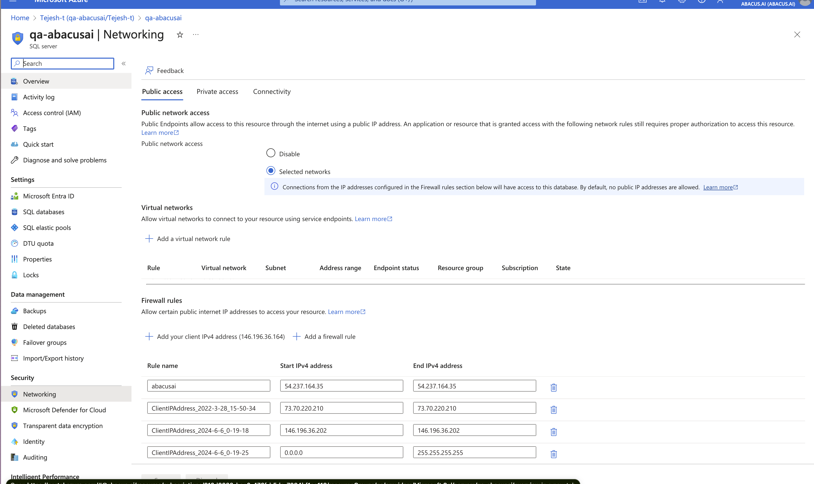 Whitelist Abacus.AI IPs in Azure SQL