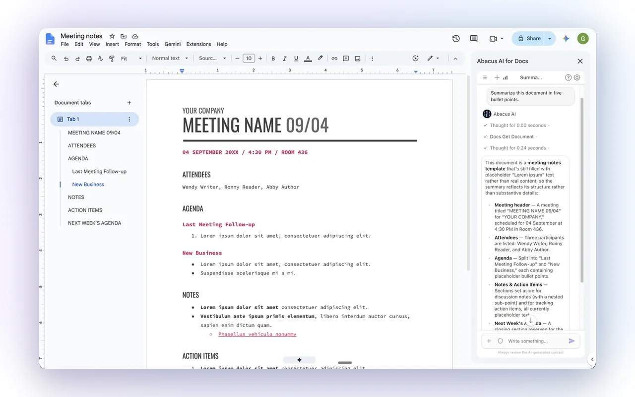 AbacusAI Assistant summarizing a Google Doc in the sidebar
