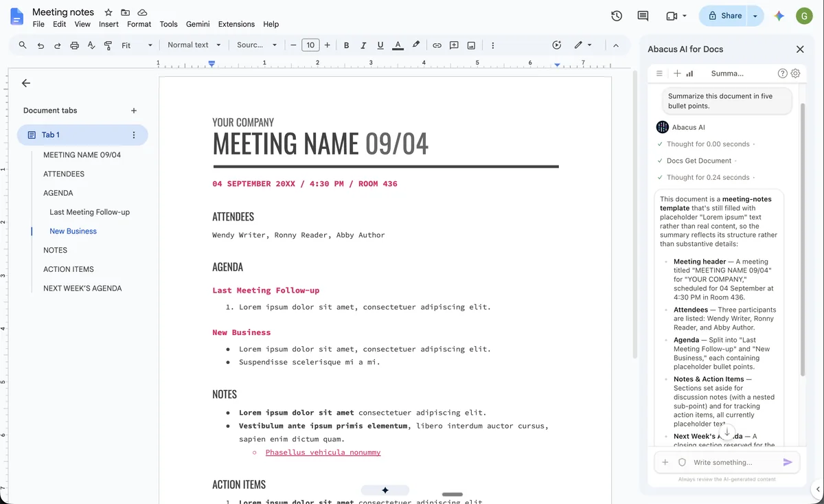 AbacusAI Assistant summarizing meeting notes in Google Docs