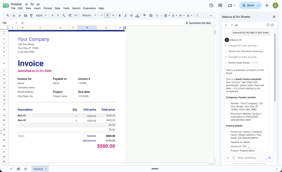 AbacusAI Assistant summarizing an invoice spreadsheet in Google Sheets